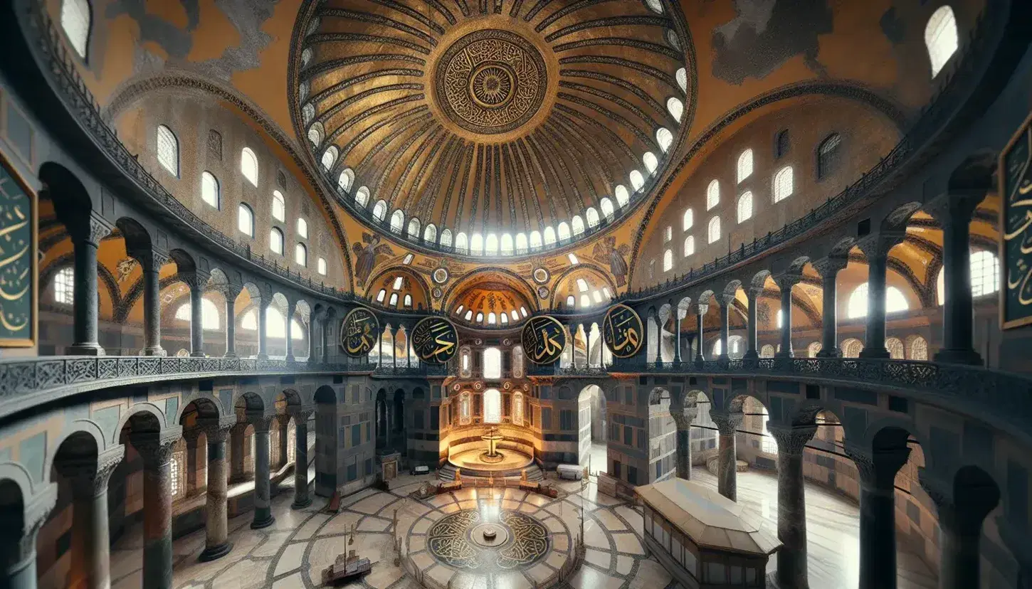 Hagia Sophia's interior with its grand dome adorned in golden mosaics, marble columns, and hanging chandeliers, reflecting Byzantine architectural splendor.