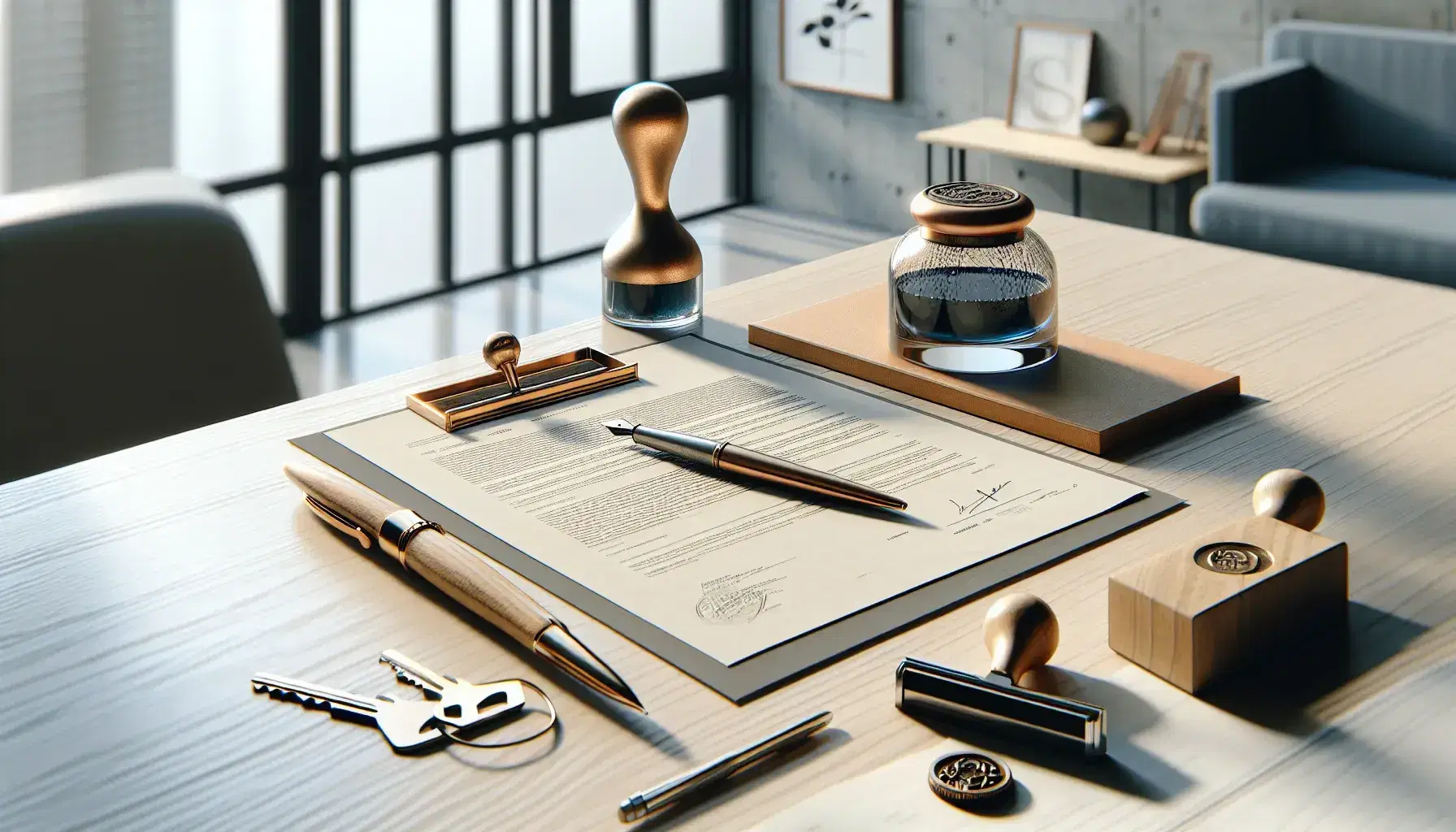 Ufficio moderno con tavolo in legno, contratto, penna stilografica, calamaio in vetro, sigillo in ottone e chiavi con portachiavi in pelle.