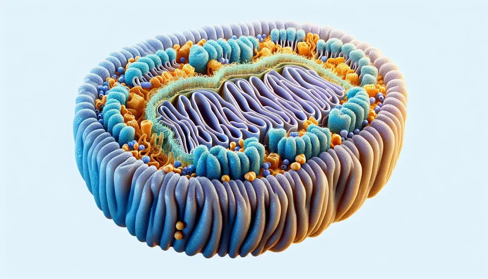 Highly detailed mitochondrion with double membrane, convoluted cristae in shades of blue and purple, and orange matrix with enzyme representations.
