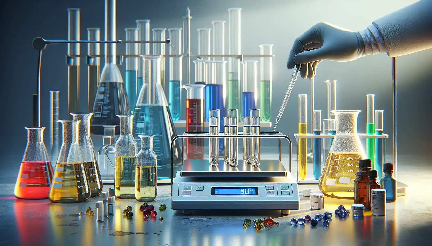 Laboratorio scientifico con becher di vetro contenenti liquidi colorati, pipetta, bilancia analitica digitale e provette in supporto trasparente.