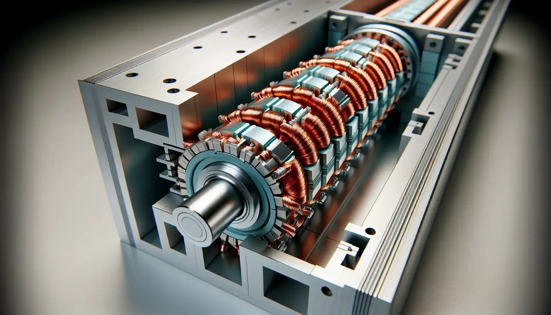 Close-up view of a linear motor's stator with copper coils on steel cores and a polished mover, highlighting the precision engineering in a clean industrial setting.