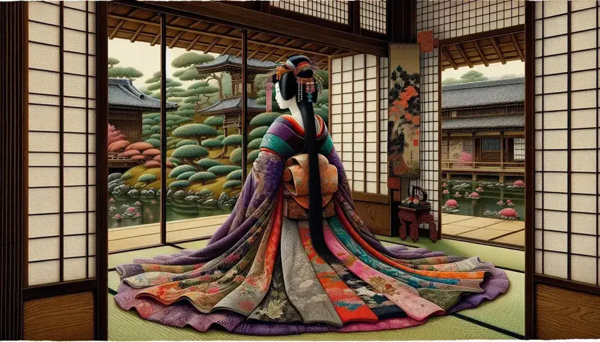 Heian period women in traditional multi-layered kimonos, seated in a room with a view of an autumnal Japanese garden with a koi pond.