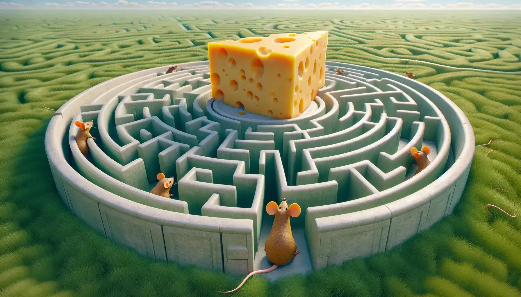 Labirinto intricato visto dall'alto con muri grigi su erba verde, formaggio al centro e quattro topi marroni ai bordi.