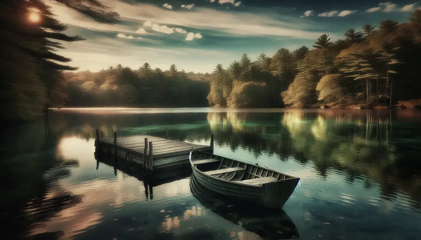 Serene Walden Pond with calm reflective waters, a weathered rowboat tied to a dock, and a dense, untouched forest under a clear blue sky.