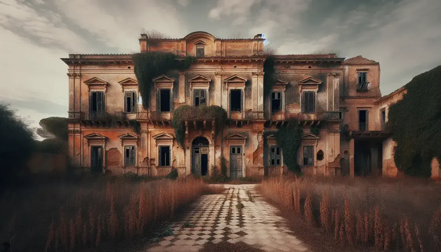 Villa siciliana fatiscente con pareti ocra scrostate, finestre vuote, vegetazione invadente e viale dissestato, sotto un cielo azzurro con nuvole sparse.