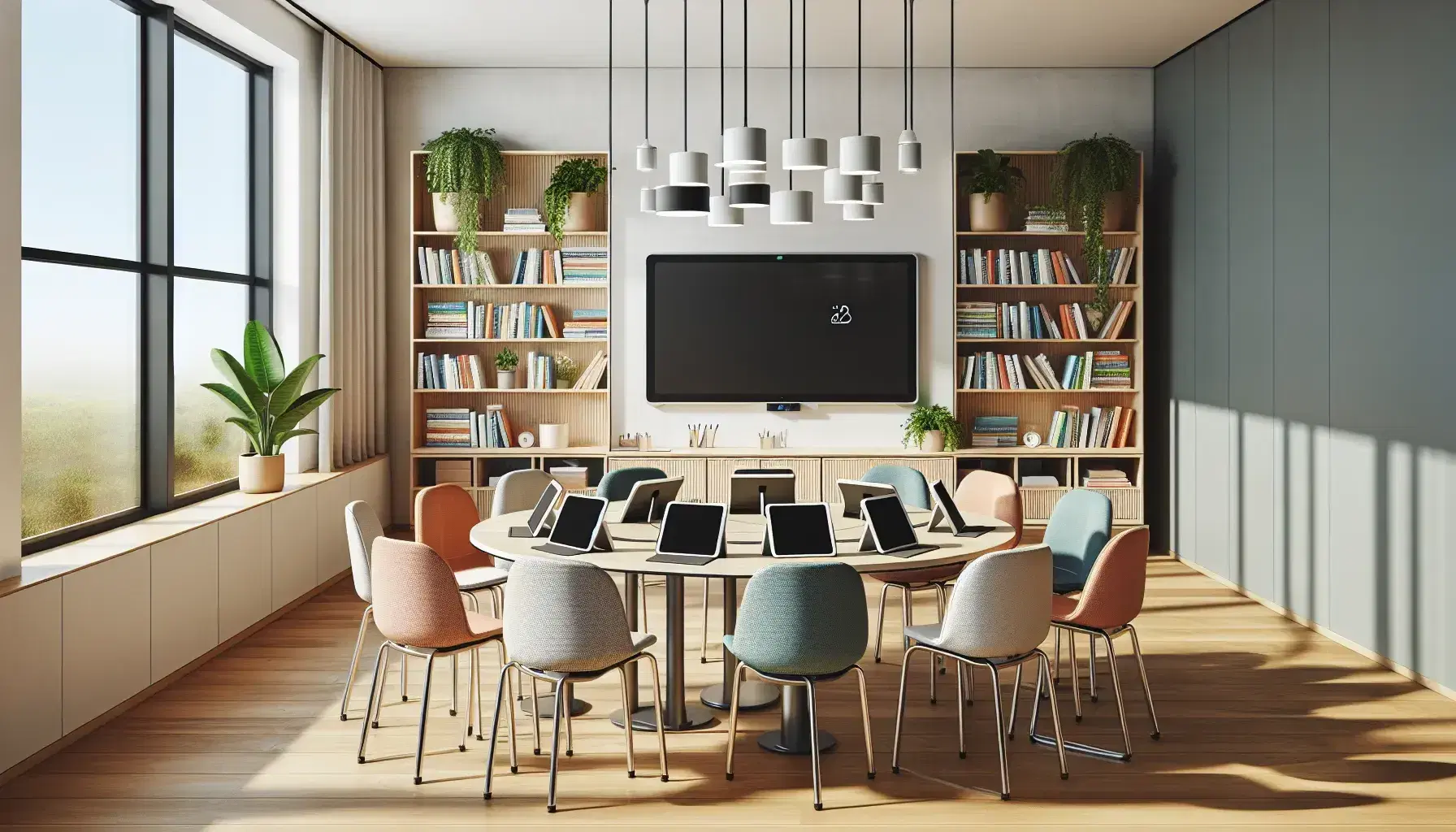 Aula moderna y luminosa con estudiantes diversos alrededor de una mesa redonda con tabletas digitales, sillas ergonómicas de colores y un educador explicando.