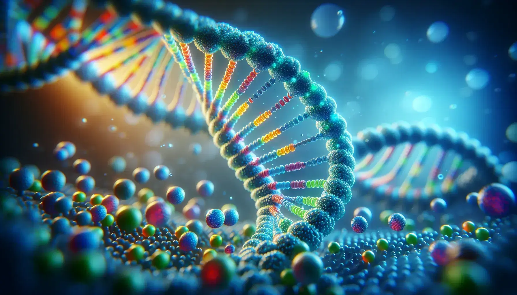 Three-dimensional structure of a DNA double helix with blue and green gradient and base pairs in orange and yellow, surrounded by colored spheres.