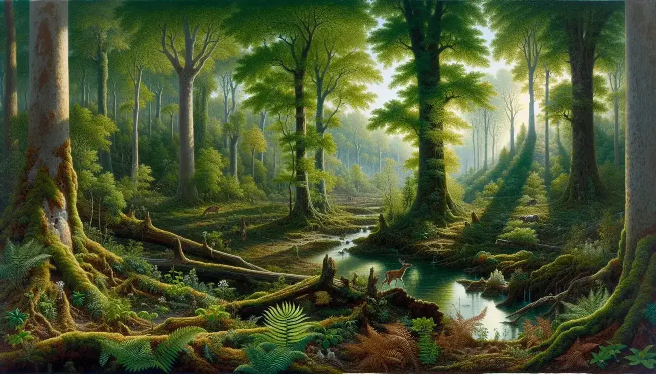 Lush forest with leafy trees, clear stream, deer drinking, squirrel on branch and bird flying, without human presence.