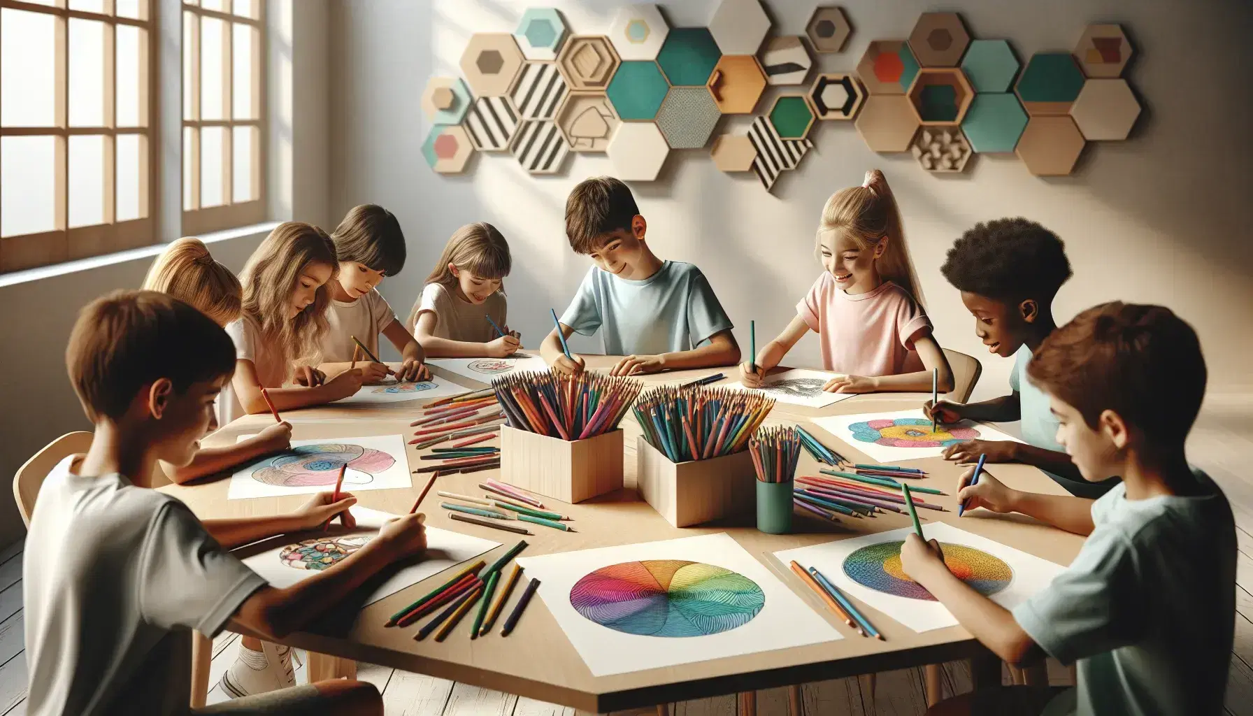 Niños de diversas edades dibujando con crayones y lápices de colores en una mesa hexagonal bajo luz natural, rodeados de materiales de arte y dibujos en la pared.