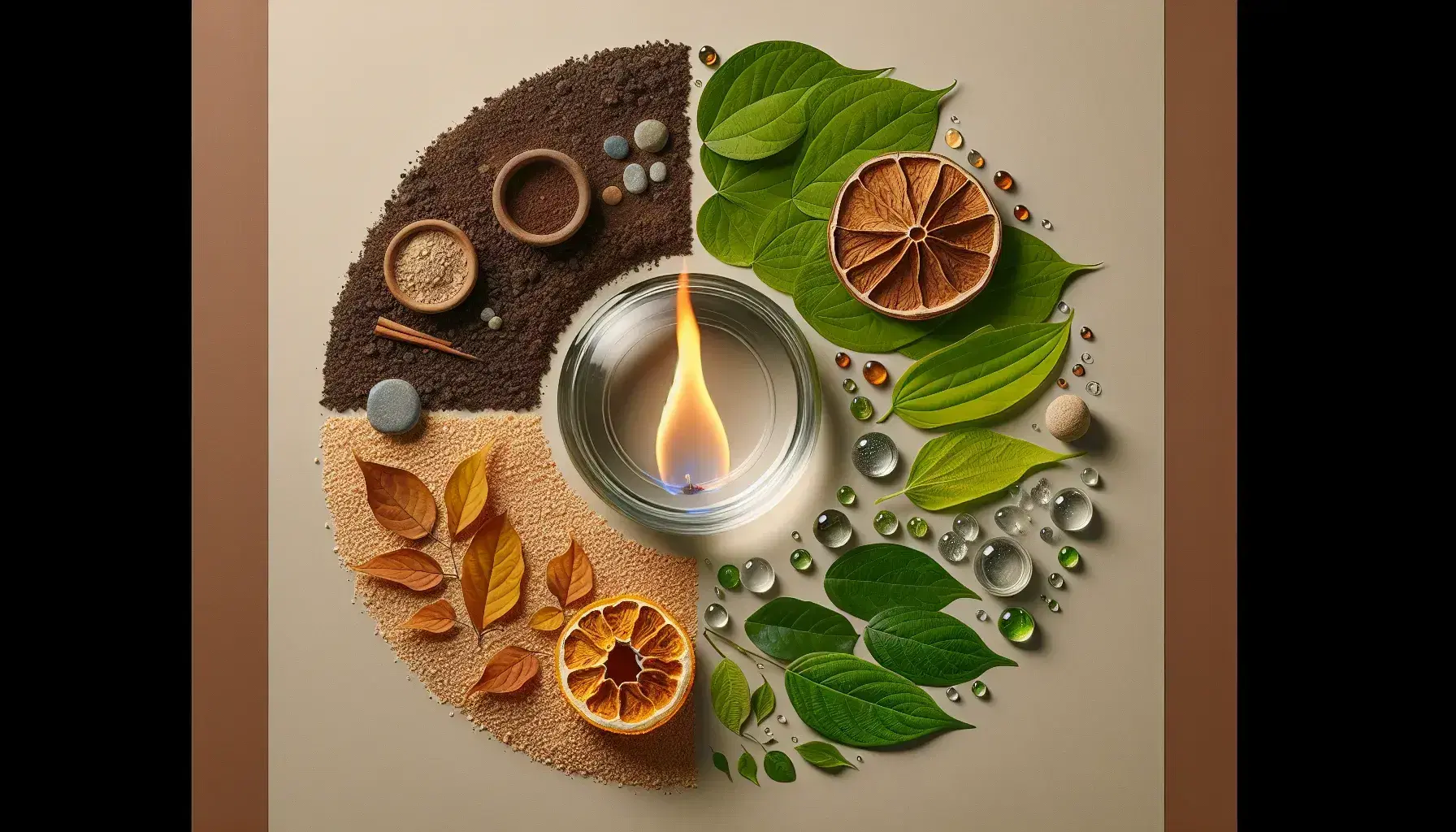 Cuatro elementos naturales en armonía: tierra marrón con piedras, llama de fuego viva, agua clara en recipiente de vidrio y hojas verdes con rocío.