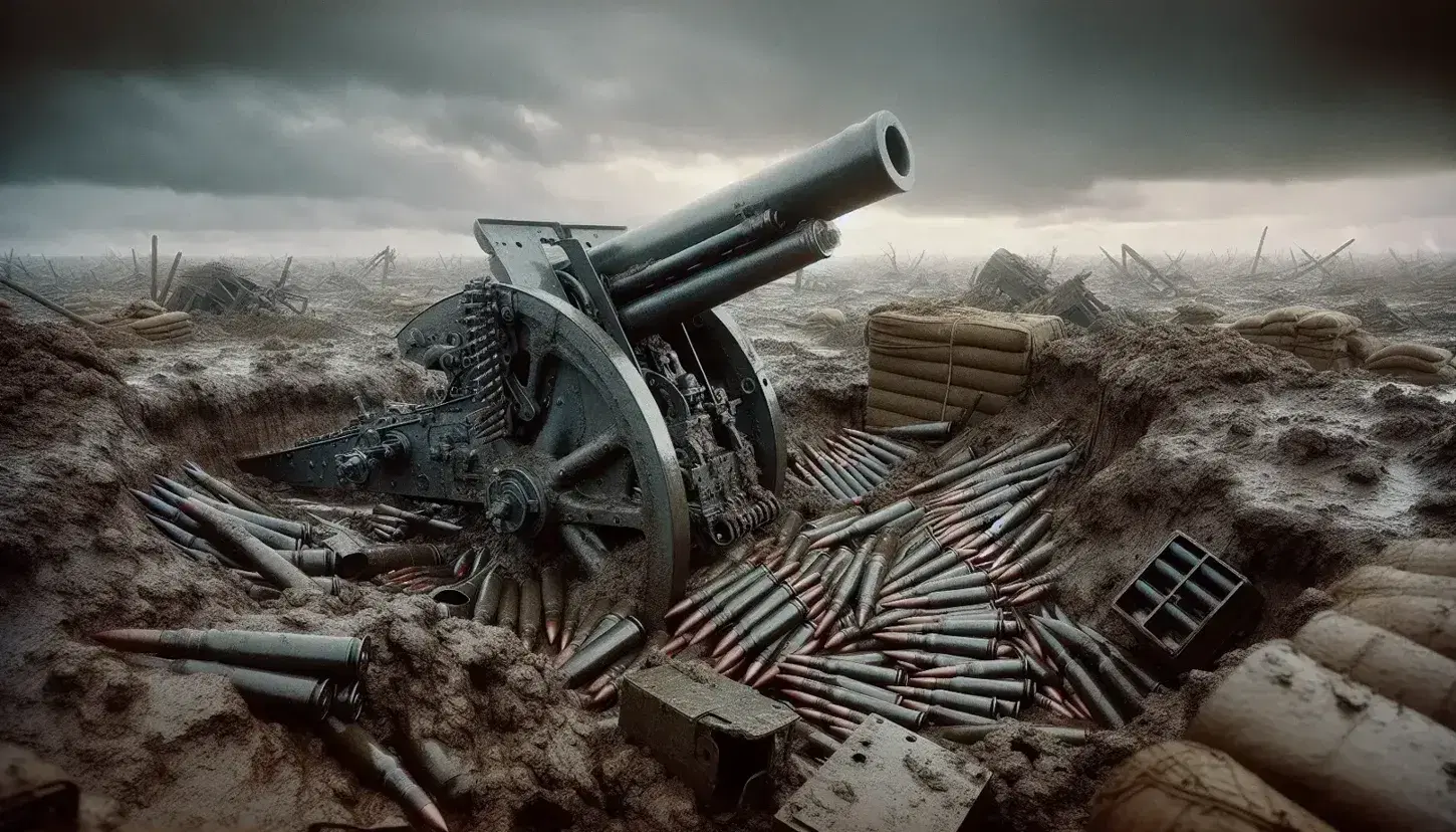 Campo di battaglia della Prima Guerra Mondiale con cannoni, crateri e filo spinato su terreno fangoso sotto cielo nuvoloso.