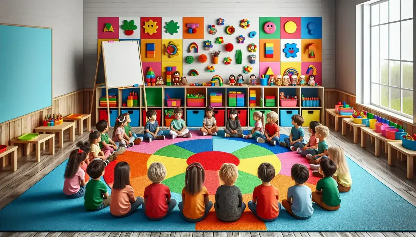 Aula de preescolar colorida con niños sentados en alfombra circular, estantes con juguetes y libros, y maestra mostrando libro ilustrado.