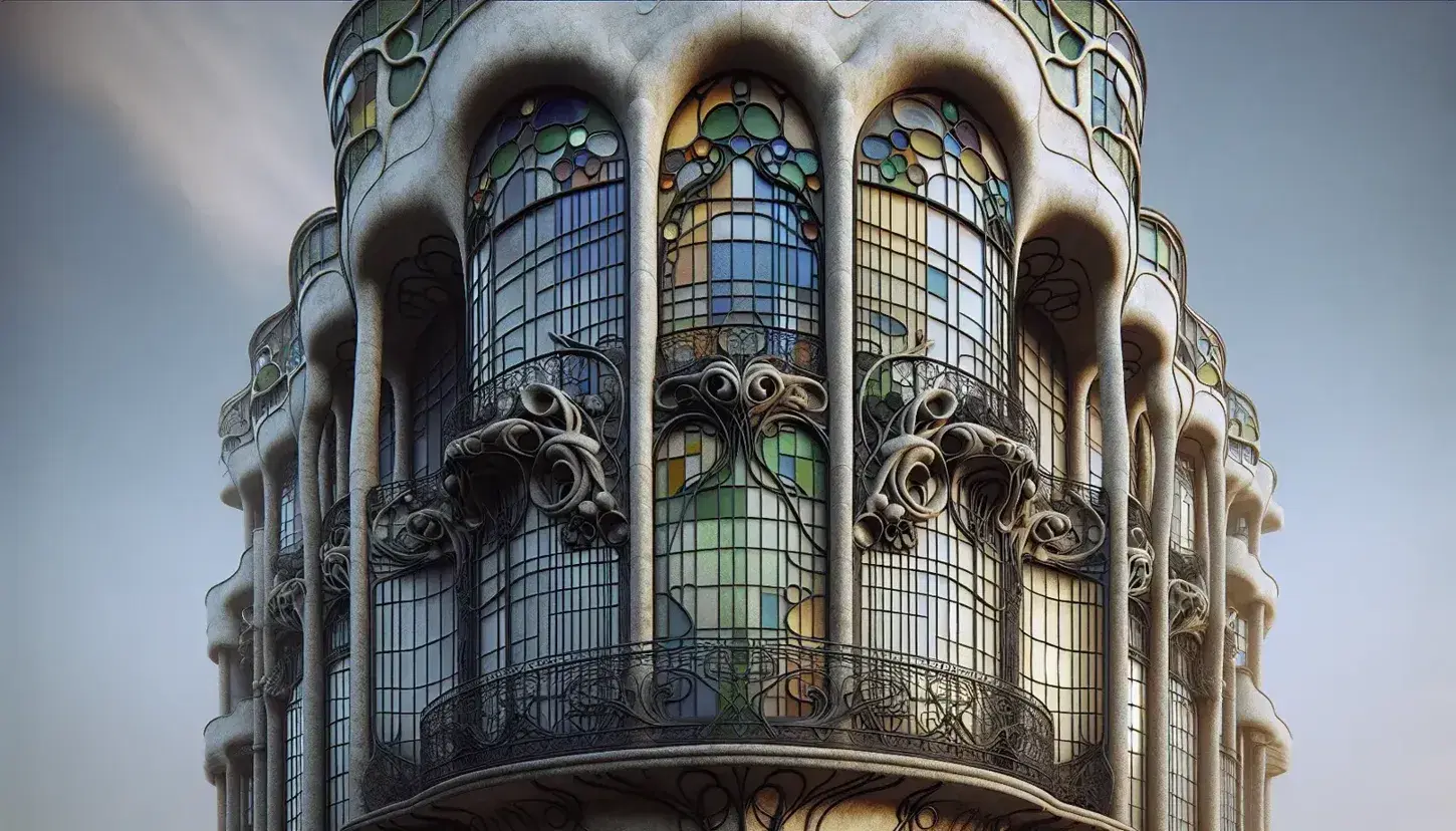 Facciata in stile Art Nouveau con linee sinuose, colonne sottili, balcone in ferro battuto e vetrate colorate in un cielo azzurro.