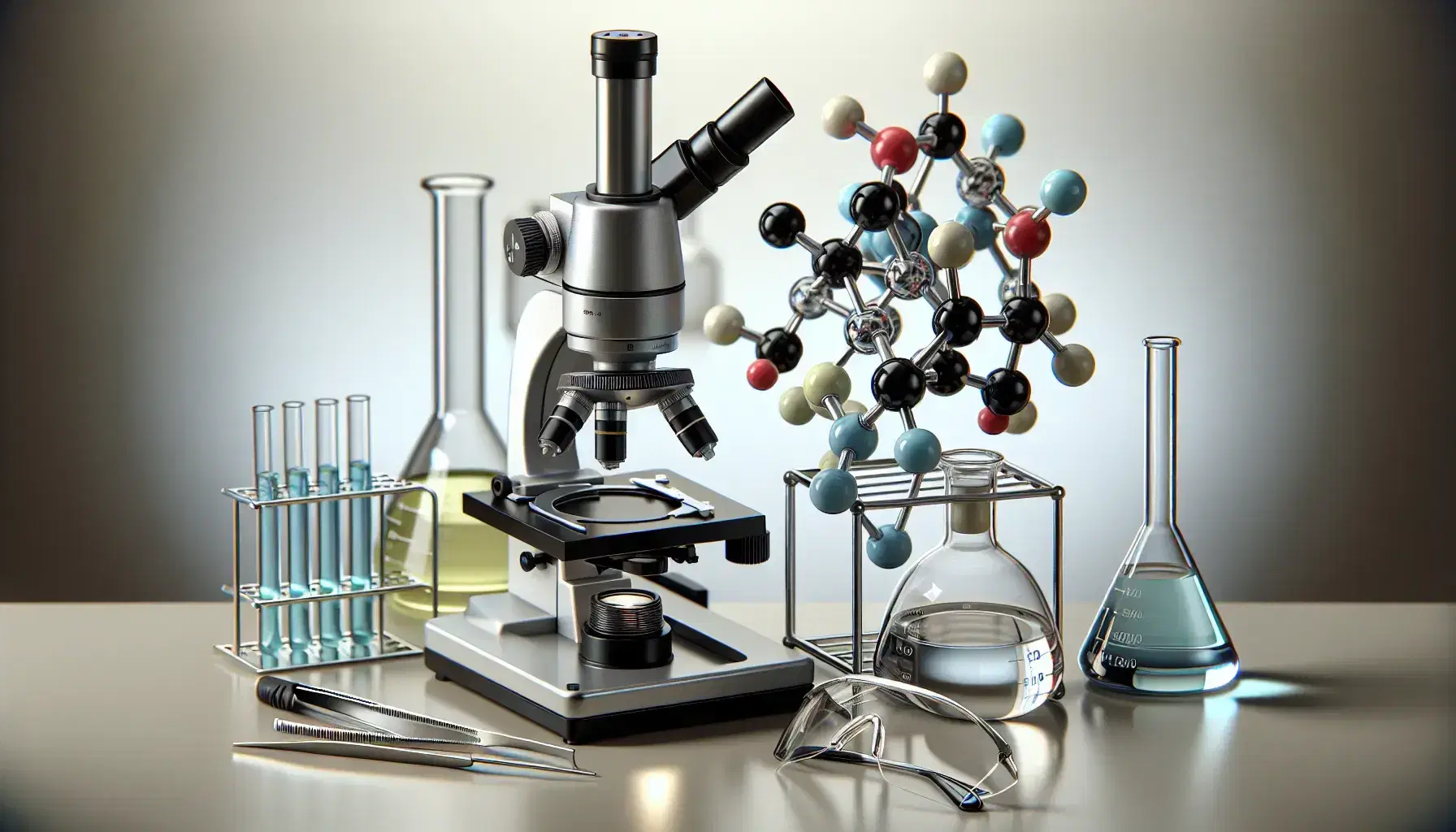 Mesa de laboratorio con microscopio, modelo molecular en colores, frasco Erlenmeyer con líquido azul, tubo de ensayo amarillo, gafas de seguridad y guantes.