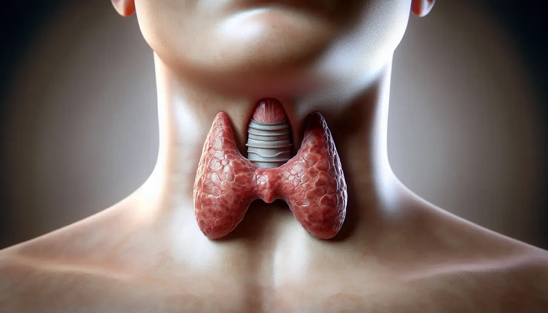 Glandula tiroides humana realista en posición anatómica, con lobulos rojo-marrón y istmo, situada en el cuello bajo la laringe.