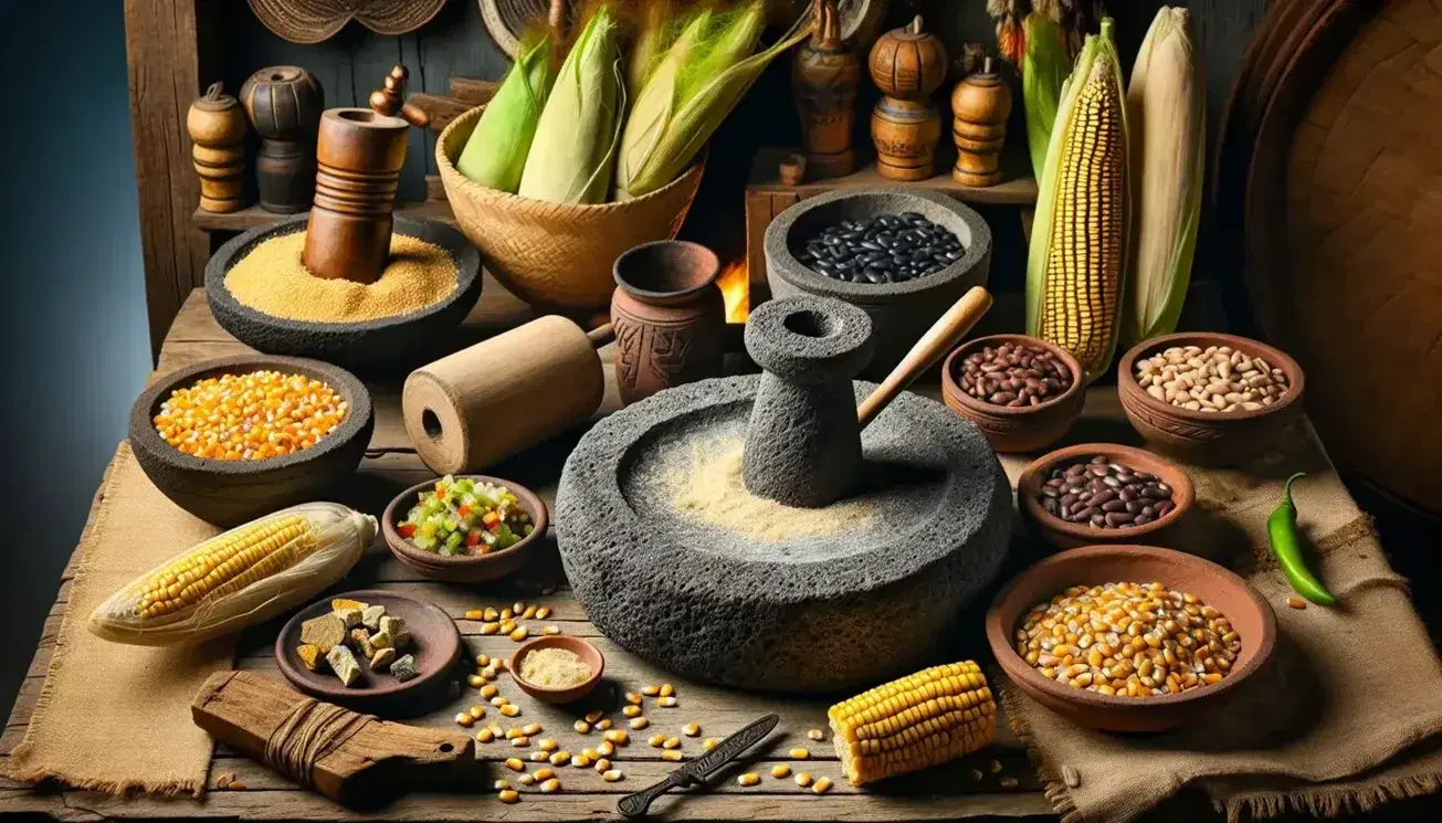 Mesa rústica con ingredientes mexicanos, metate con maíz, molcajete con salsa verde, ollas de frijoles, tortillas en comal y persona amasando masa en fondo.
