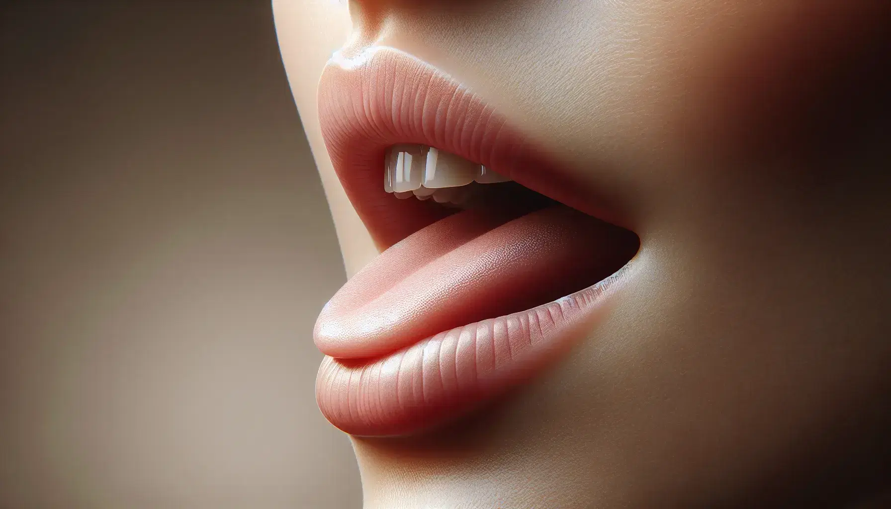 Close-up profile view of a human mouth with slightly parted lips revealing aligned teeth and a pink tongue, set against a soft-focus background.
