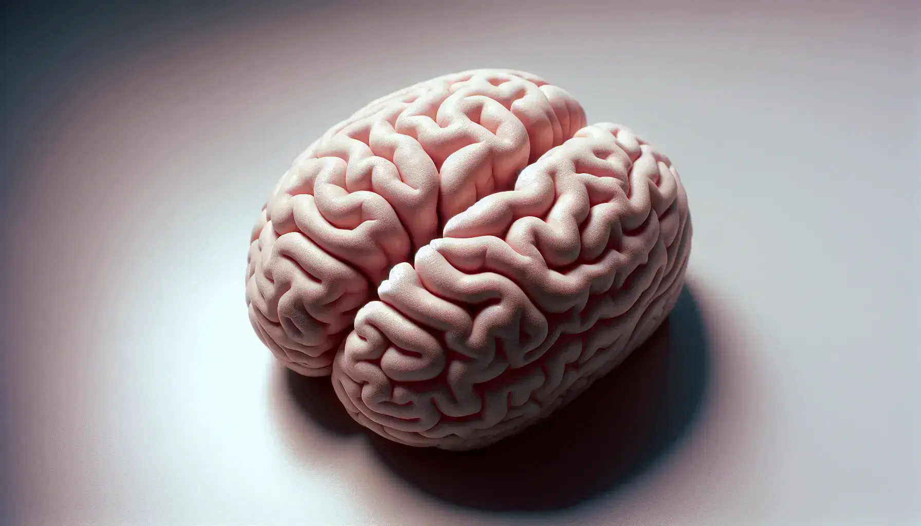 Modelo anatómico 3D del cerebro humano en vista superior, mostrando hemisferios cerebrales, cerebelo y tronco encefálico sobre superficie lisa.