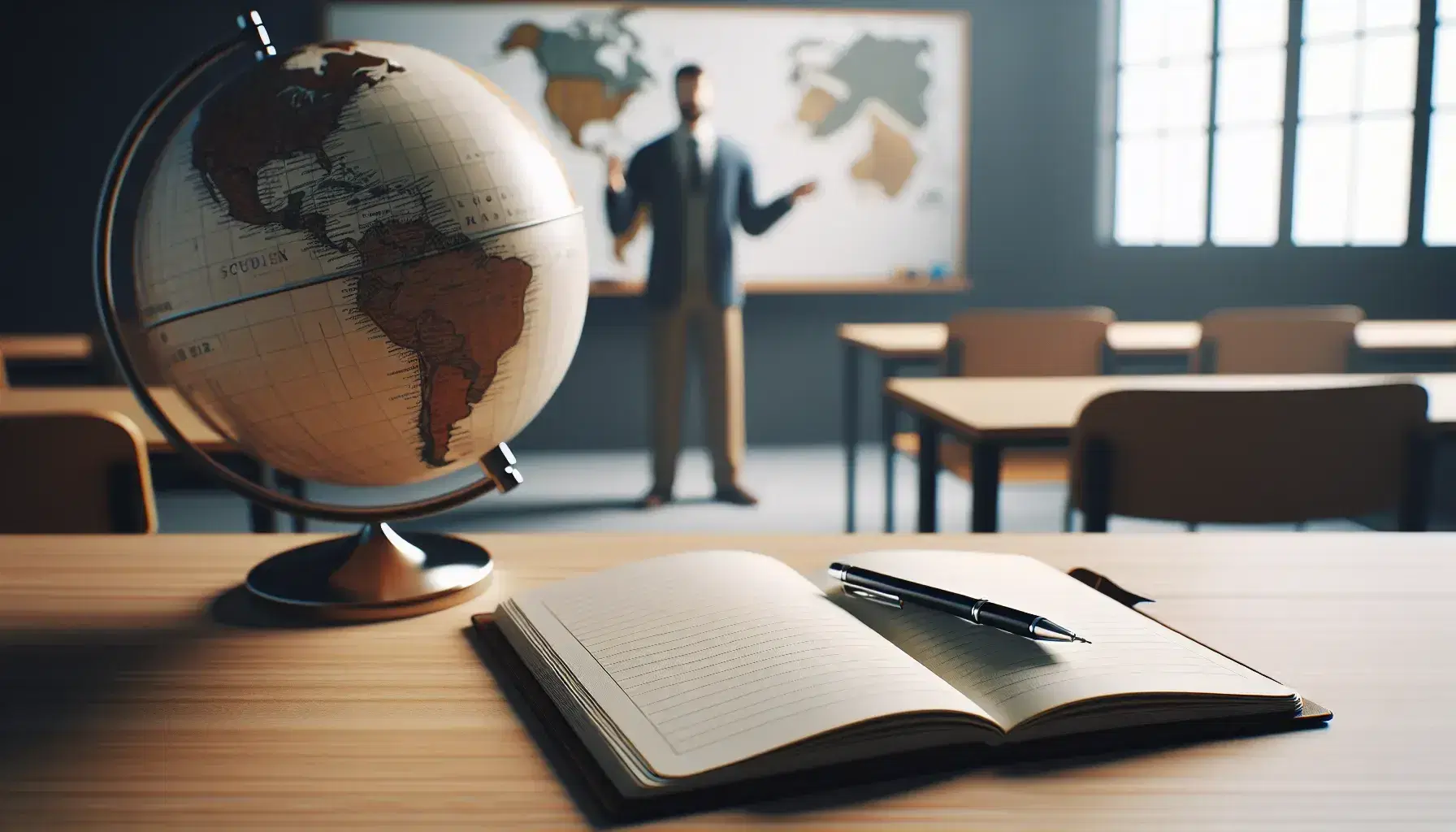 Classroom scene with a teacher by a whiteboard, a desk with an open notebook and pen, and a globe showing South America, bathed in natural light.
