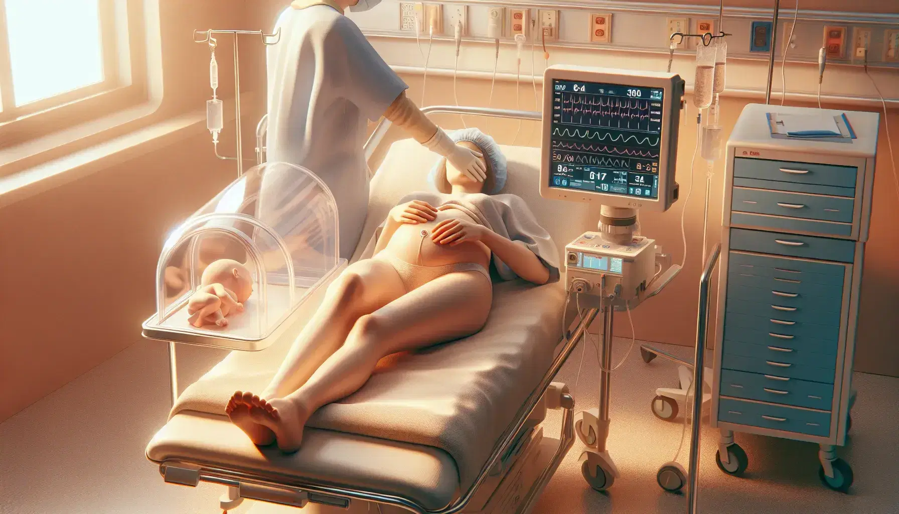 Mujer embarazada en cama de hospital con médico supervisando su vientre, monitor de signos vitales y incubadora con recién nacido al fondo.