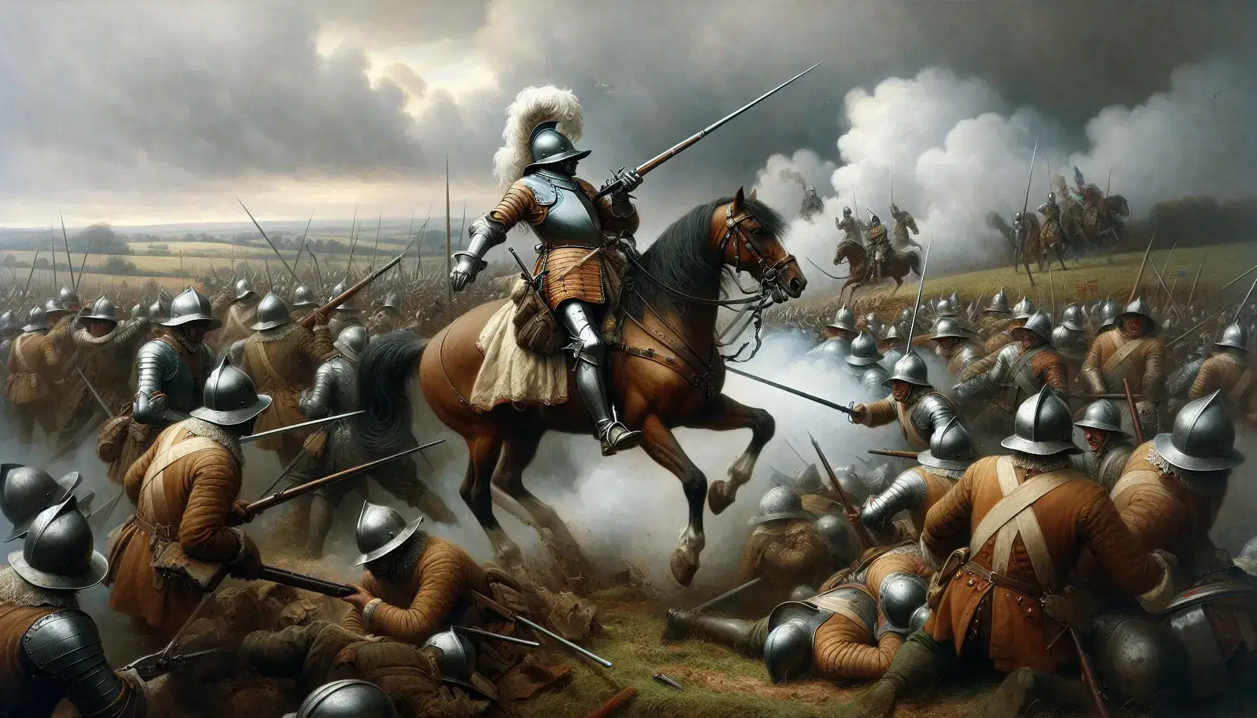 Mid-17th-century English Civil War battlefield with armored soldiers, pikes, muskets, a rearing horse, and a commanding rider under a cloudy sky.