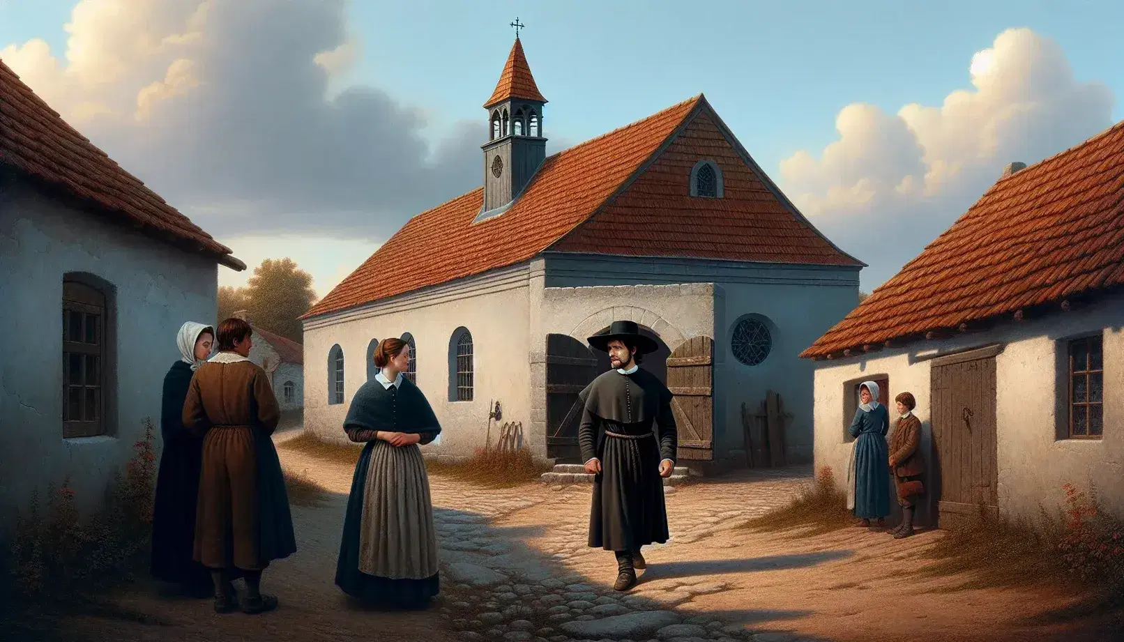 Scena di villaggio del XVII secolo con chiesa in pietra, campanile e personaggi in abiti d'epoca che esprimono preoccupazione e confusione.
