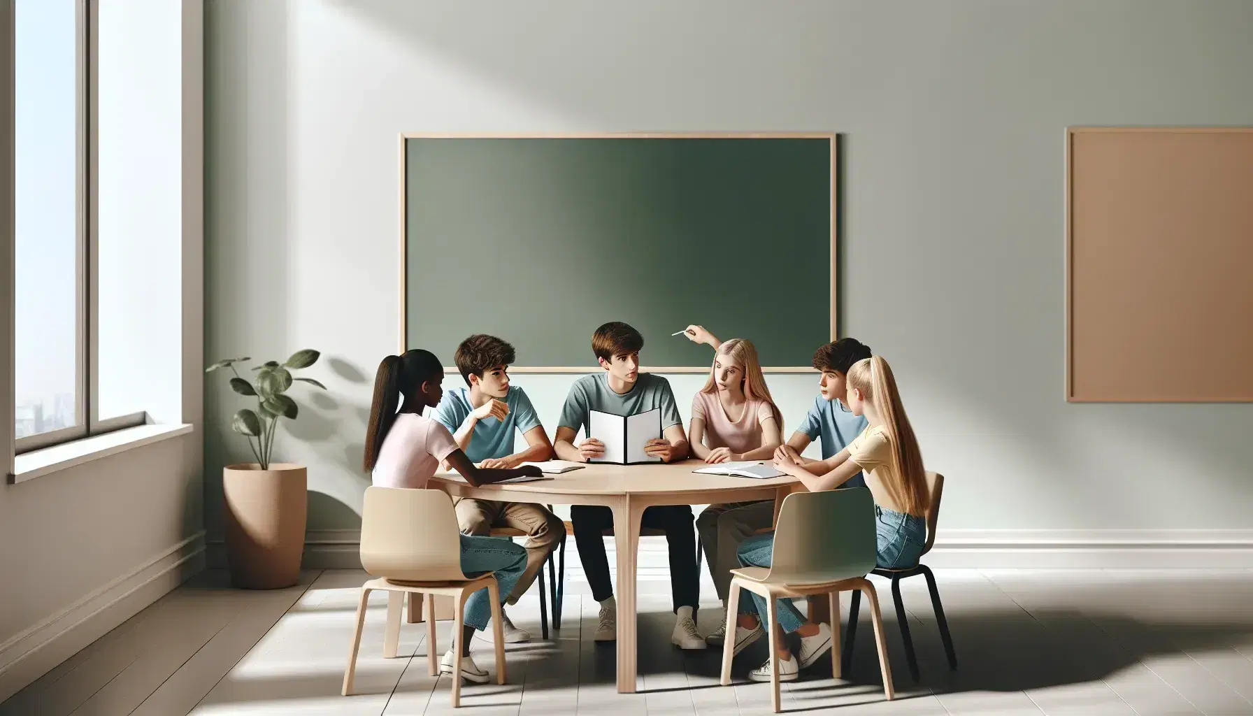 Aula luminosa con estudiantes de diversas etnias colaborando en torno a una mesa redonda, con libros abiertos y señalando un papel en blanco, junto a una pizarra verde y planta interior.