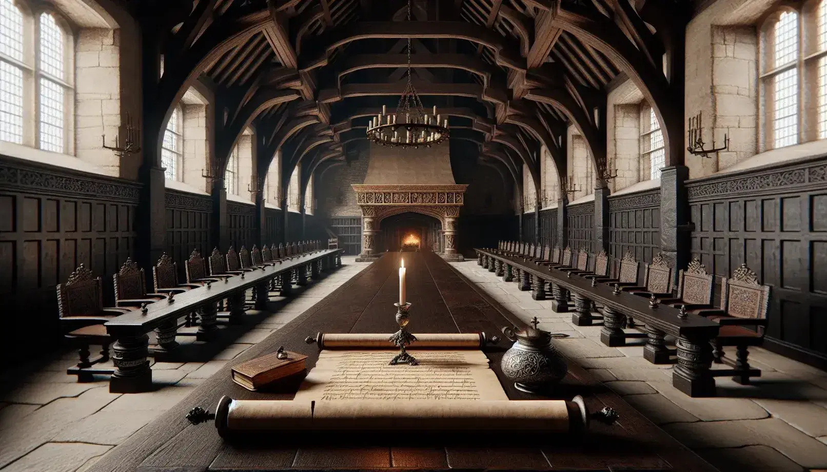 Tudor hall with arched wooden ceilings, stone walls, long table with parchment and quill, tapestry of forest scene, and suit of armor reflecting candlelight.