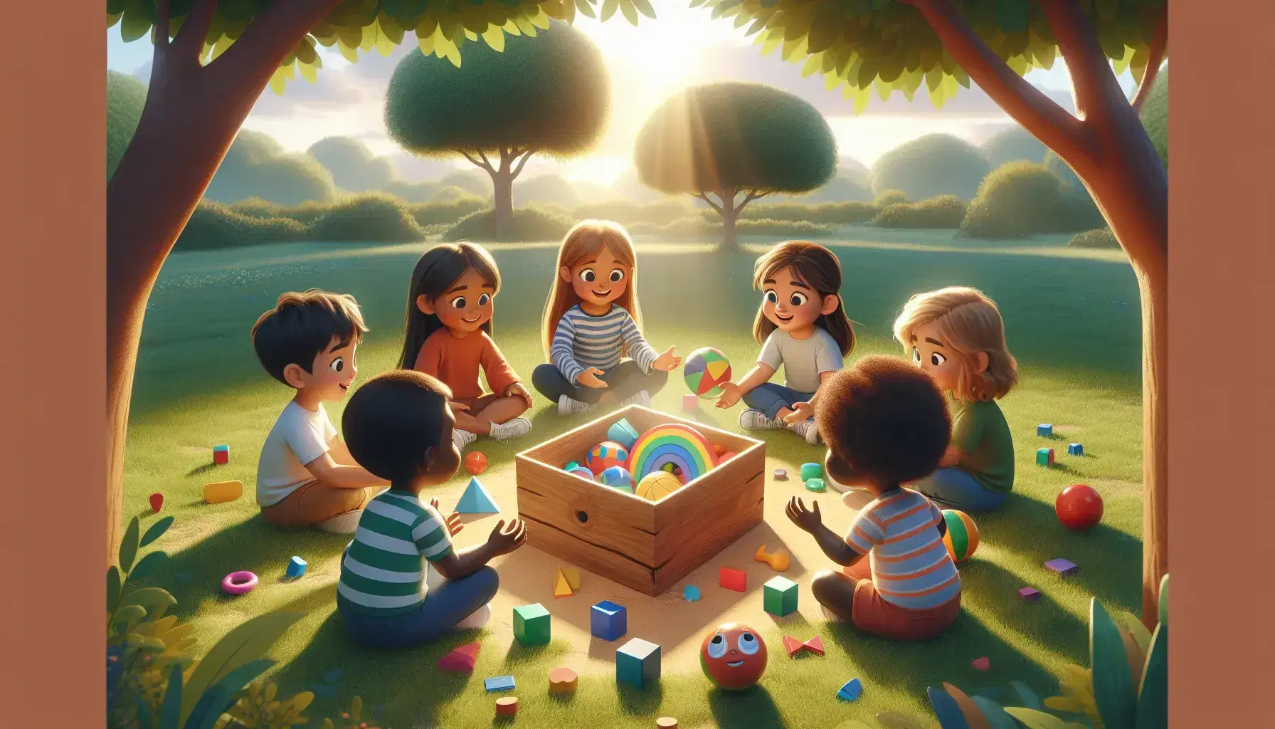 Bambini di diverse etnie seduti in cerchio su un prato, giocano con oggetti colorati da una scatola di legno, sotto alberi e cielo azzurro.