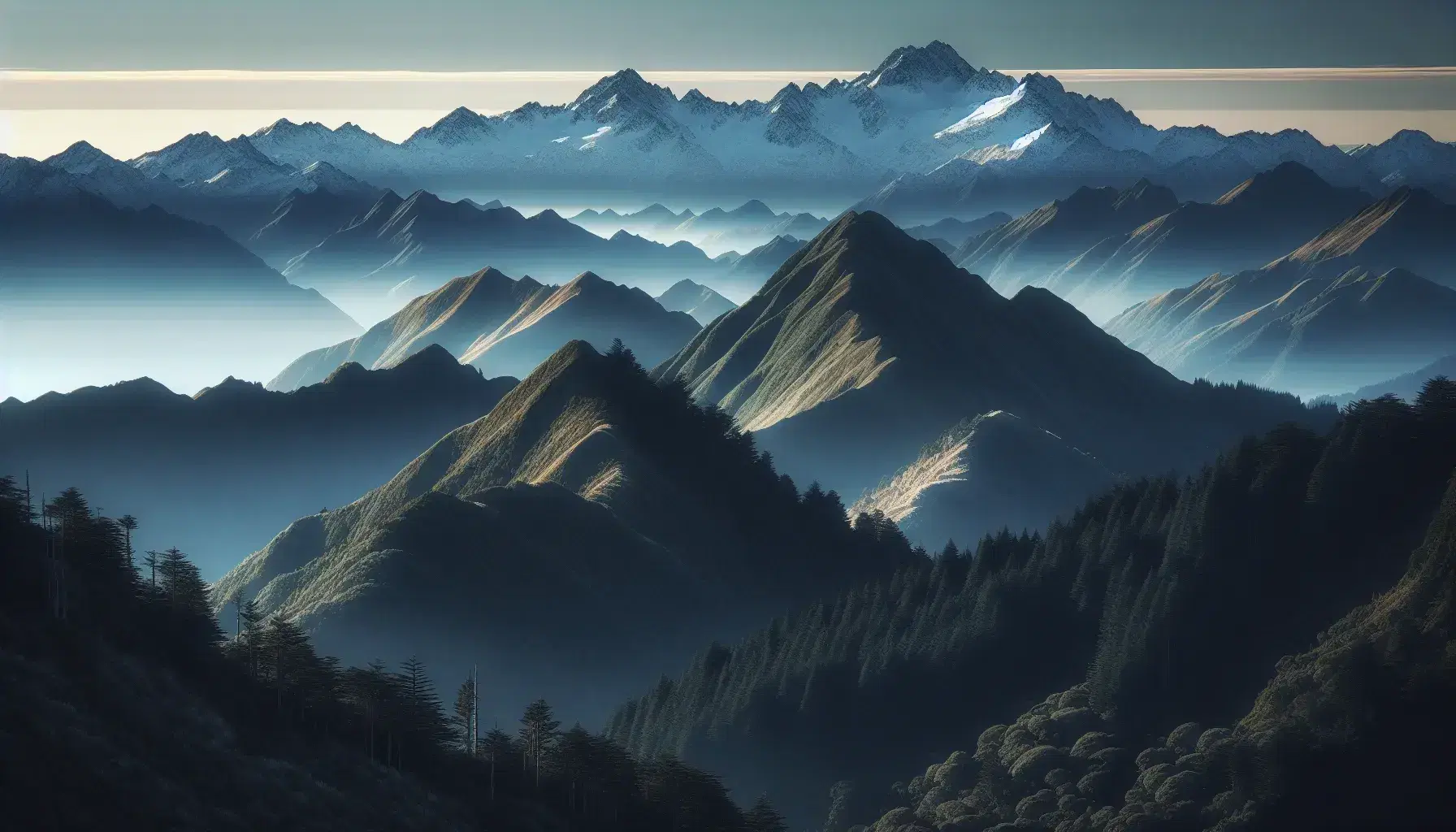 Montañas escalonadas con vegetación densa en primer plano y cumbres nevadas al fondo bajo un cielo azul claro.