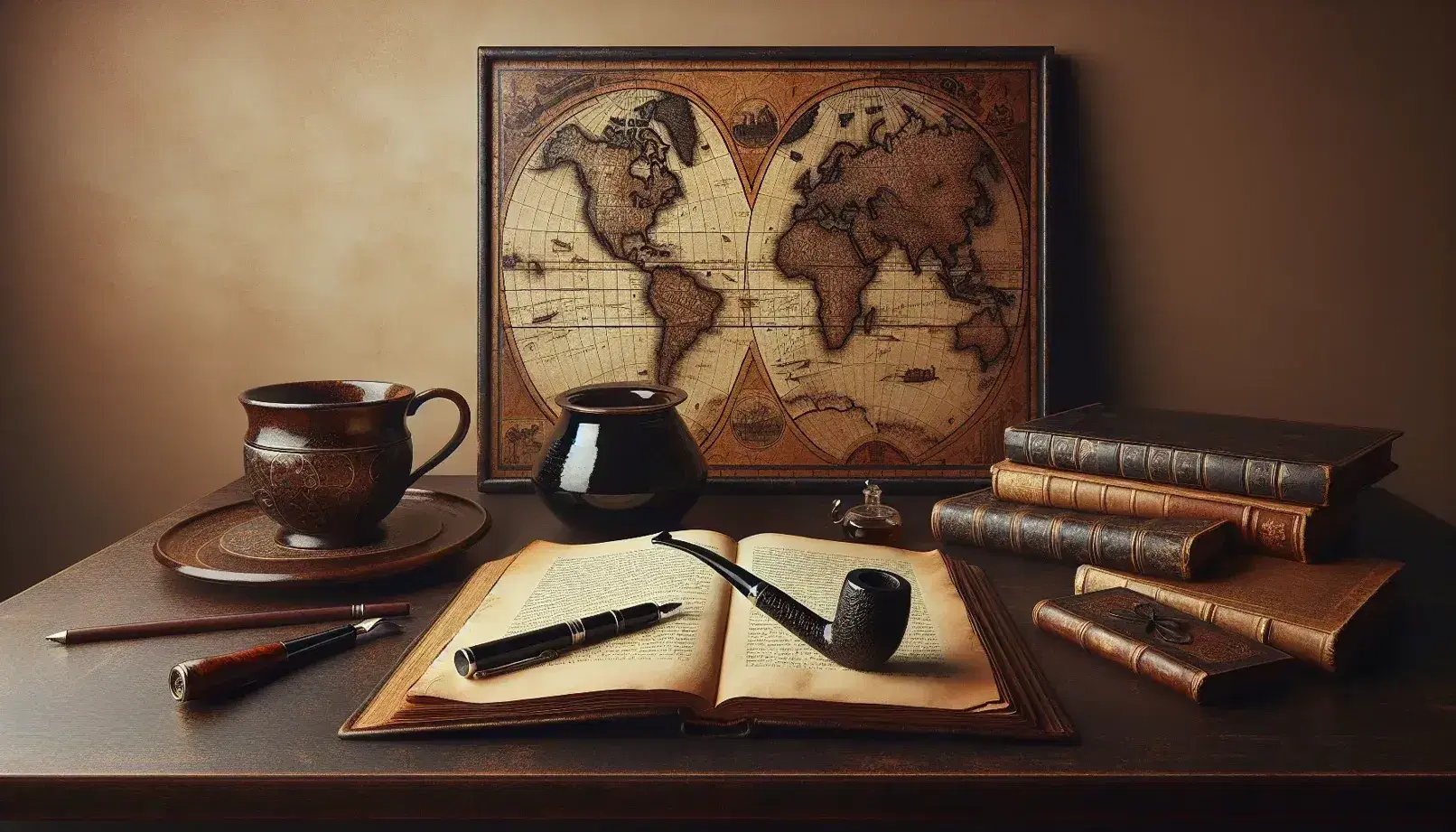Scrivania in legno scuro con libro aperto, penna stilografica nera, pipa, mappa antica sullo sfondo e tazza di caffè.