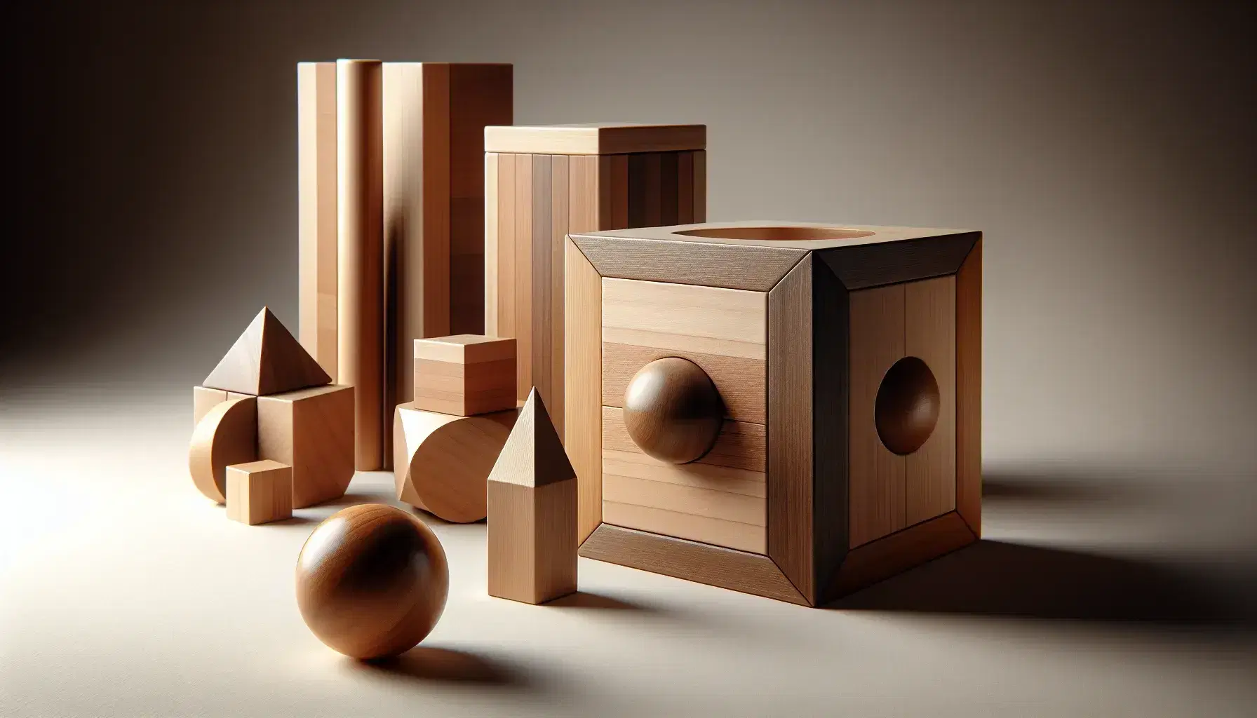 Conjunto de figuras geométricas de madera en 3D sobre superficie clara, incluyendo un cubo, esfera, cilindro, cono y pirámide, con iluminación suave y sombras difusas.