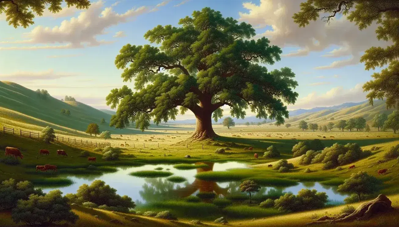 Serene landscape with a vibrant green oak tree, reflective pond, grazing cows on rolling hills, and a clear blue sky with minimal clouds.