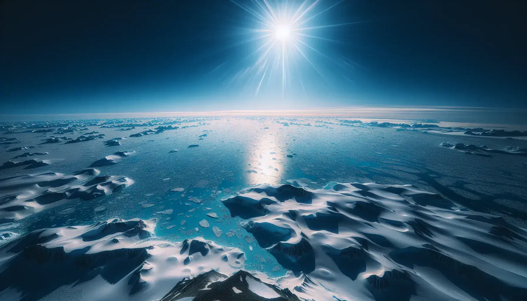 Vista aerea dell'Artico con ghiaccio bianco brillante, cielo blu senza nuvole e fauna come orsi polari e foche.