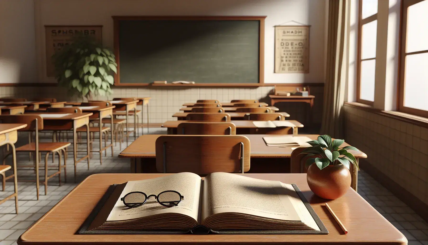 Spanish classroom with a teacher's desk, open textbook, eyeglasses, and orderly student desks, a chalkboard, and a potted plant by a window with natural light.