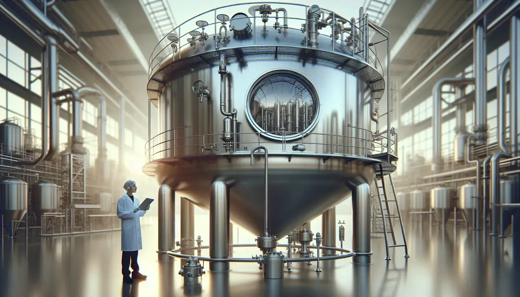 Modern industrial fermentation tank with a reflective finish, monitored by a scientist using a digital tablet, in a clean, well-lit facility.