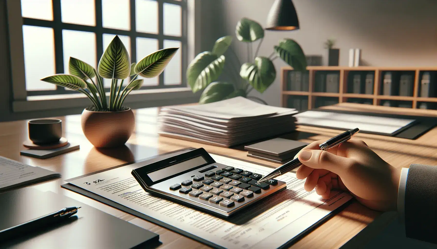 Ufficio fiscale con scrivania in legno, documenti ordinati, calcolatrice moderna, penna e pianta verde, mano umana che utilizza la calcolatrice.