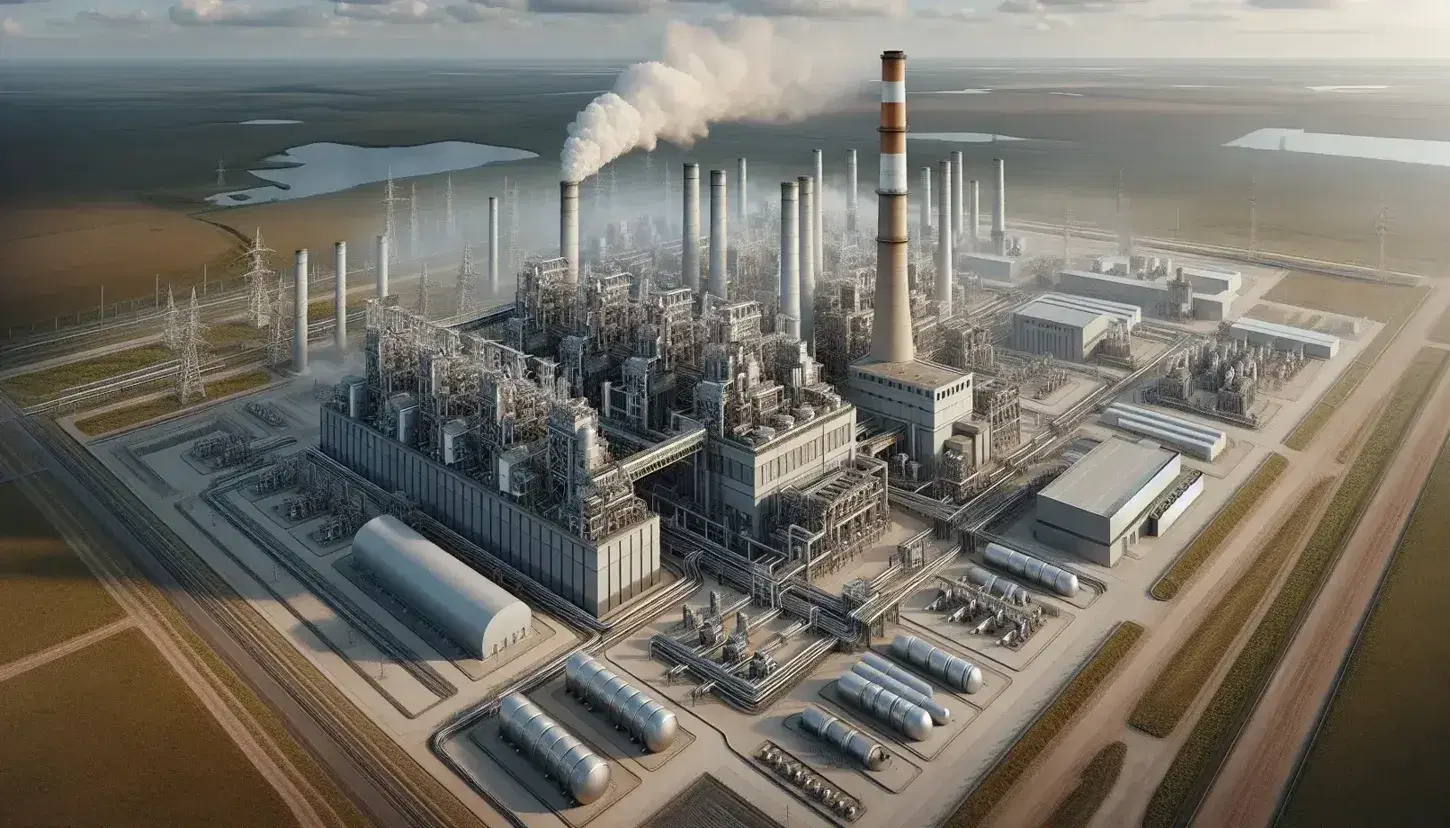 Vista aerea di una centrale termoelettrica con camino fumante, serbatoi, trasformatore e linee elettriche ad alta tensione.