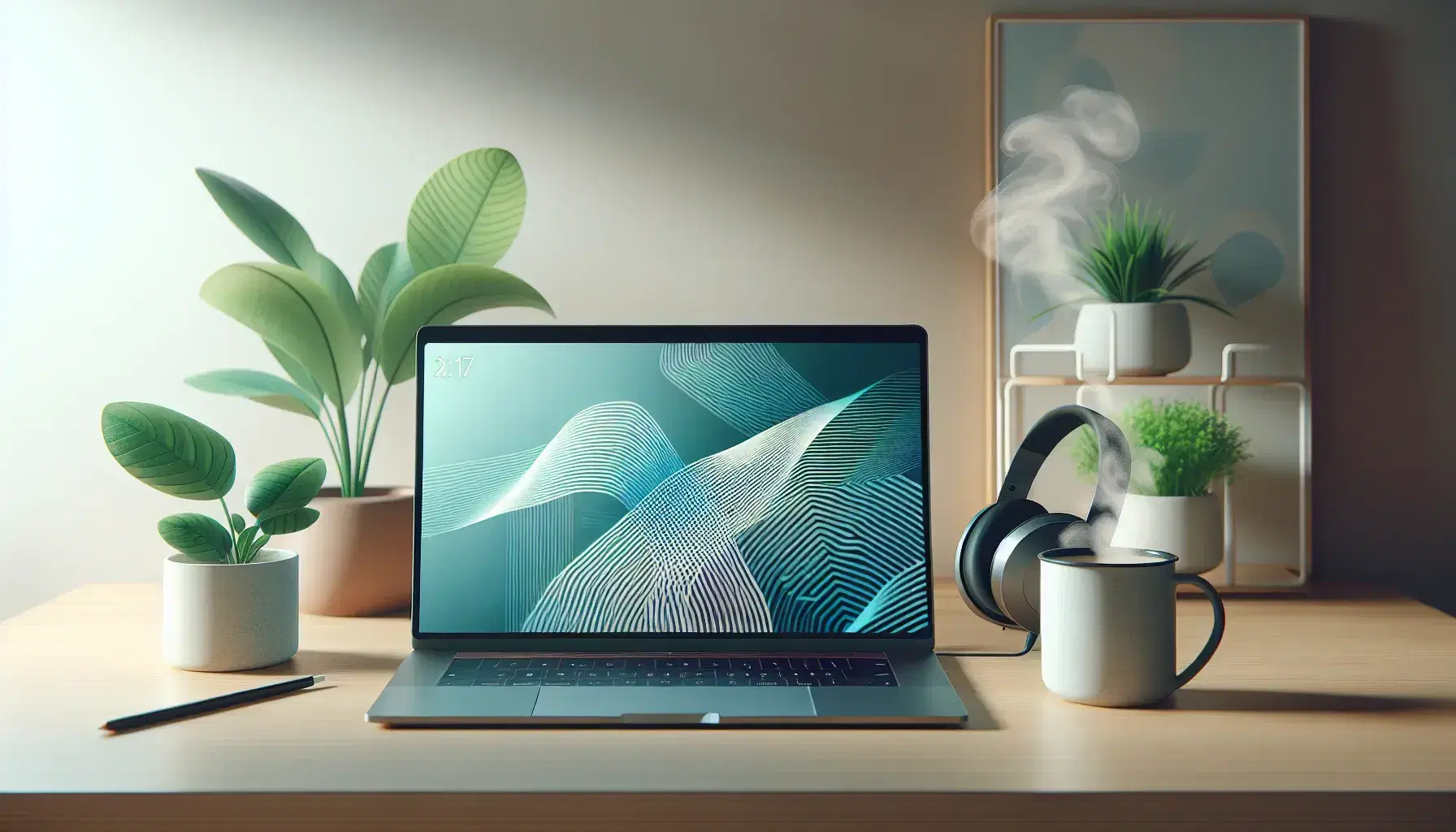 Tidy desk with modern laptop, cup of steaming coffee, black headphones and green plant in terracotta pot, bright and peaceful environment.