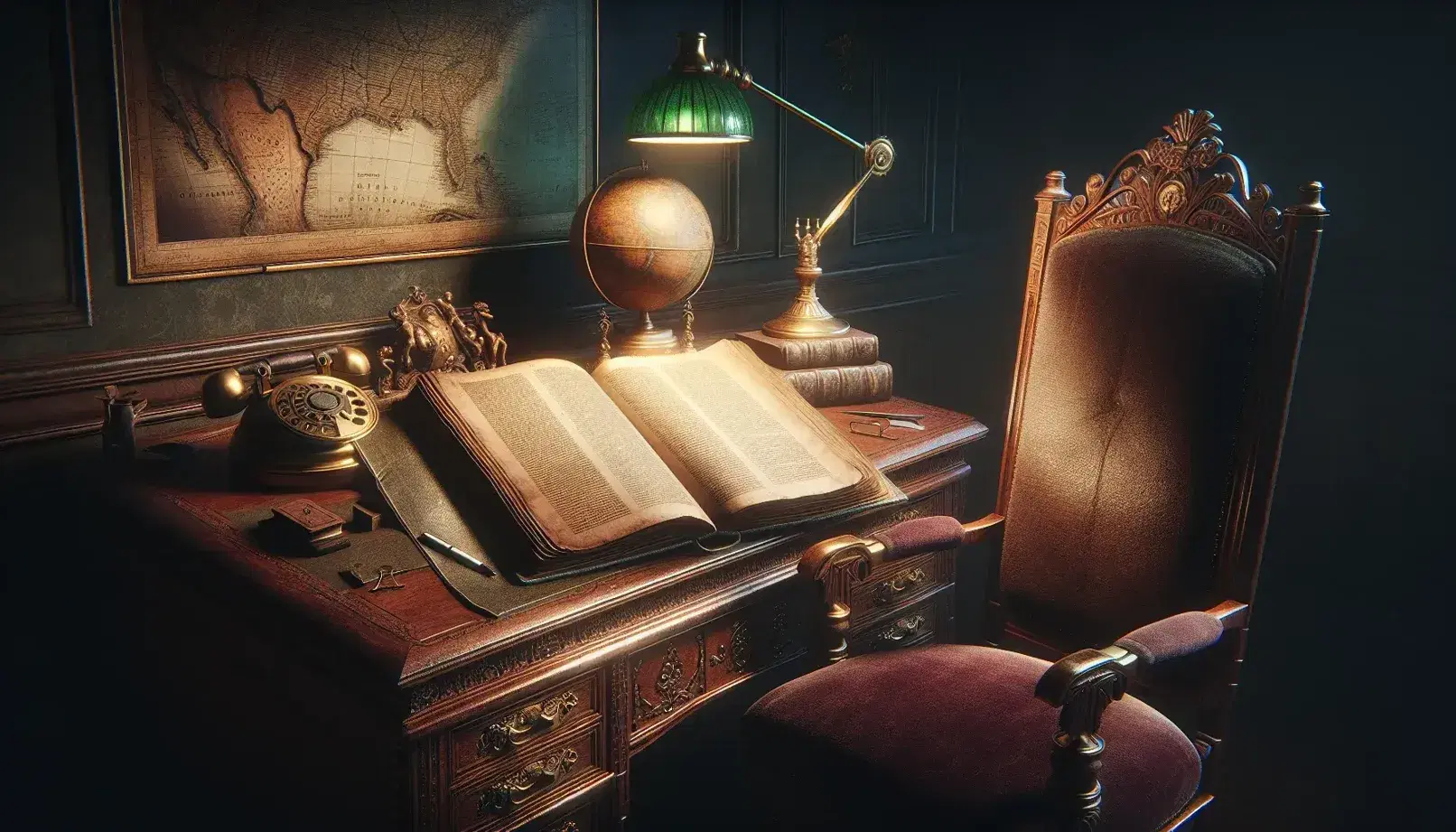 Vintage study room with a wooden desk, antique brass lamp, open book, high-backed chair, globe, and bookshelves filled with leather-bound books.