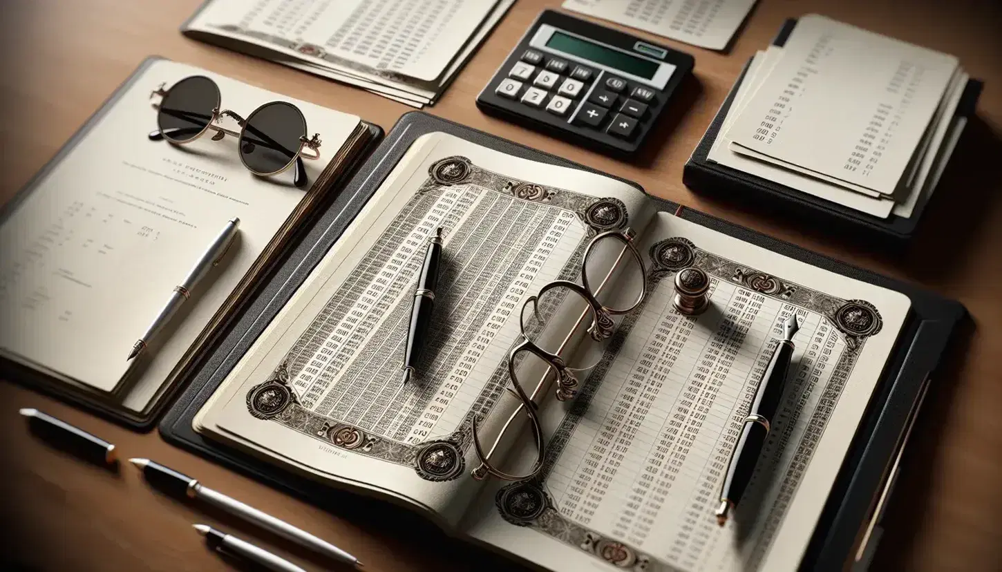 Organized office desk with open ledger, calculator, eyeglasses, fountain pen, and stack of bond certificates on mahogany surface.
