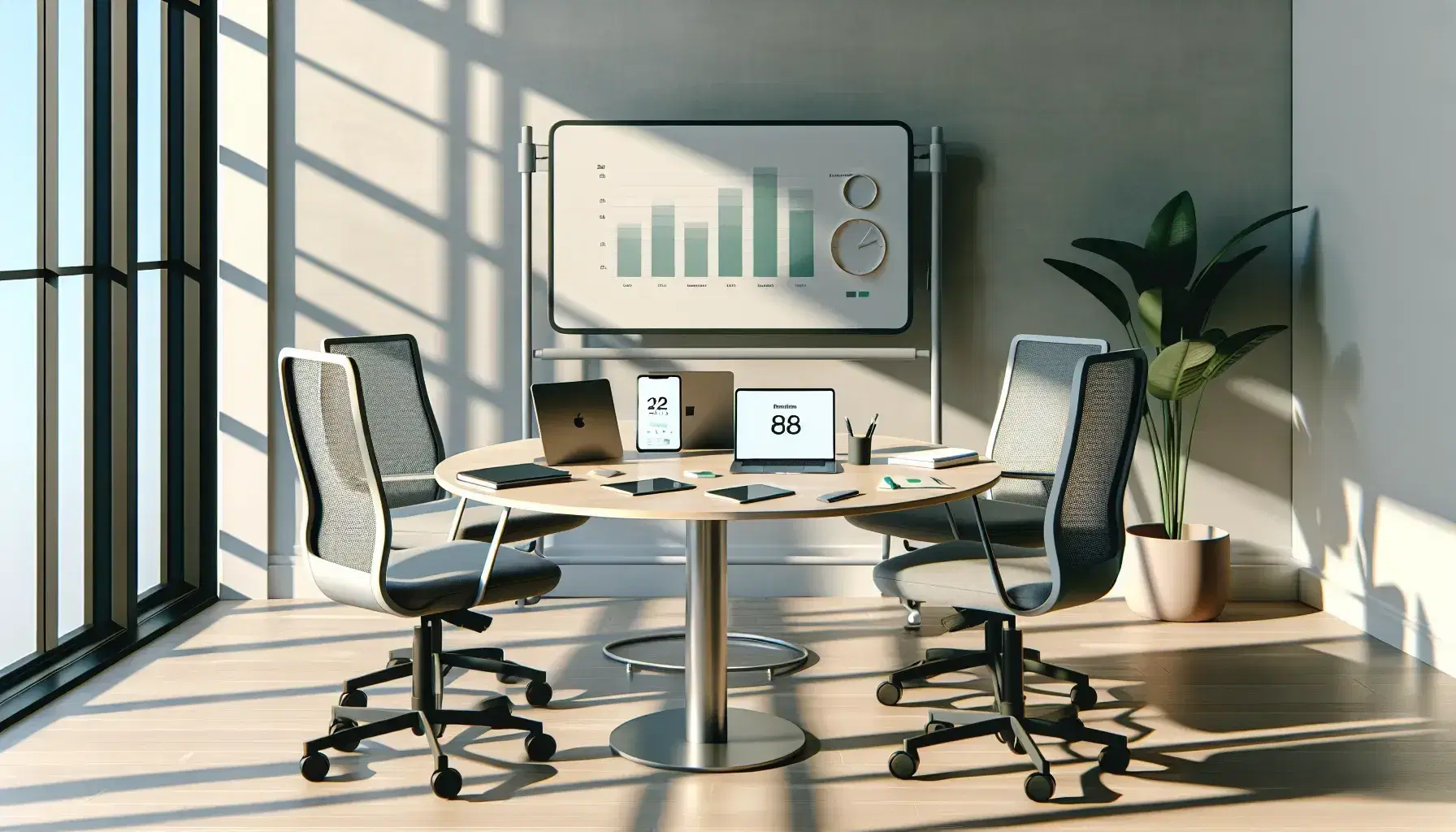 Oficina moderna y luminosa con mesa redonda, portátil, tablet con gráficos, teléfono móvil y sillas ergonómicas, junto a pizarra blanca y planta verde.