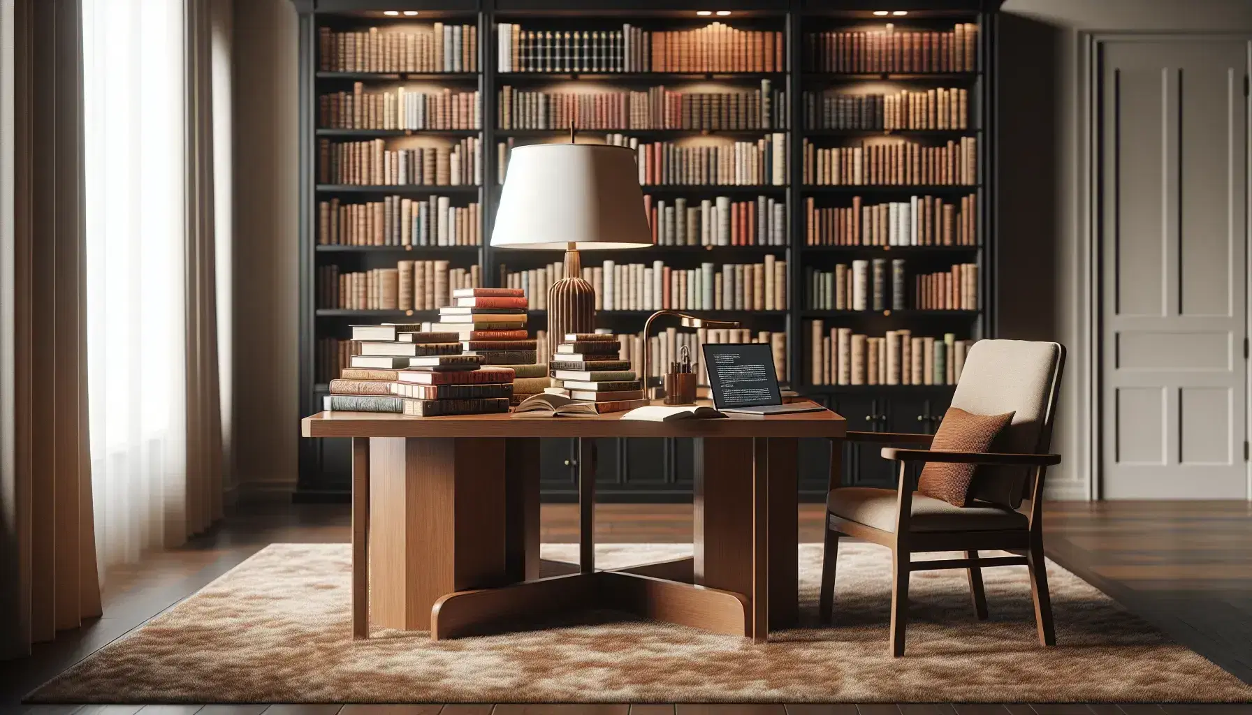 Biblioteca acogedora con estanterías de madera oscura llenas de libros, mesa central con libros apilados y portátil, silla y lámpara suave.