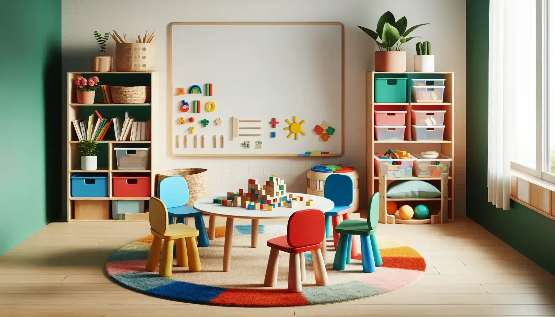 Aula infantil colorida con mesa redonda, sillas de colores, bloques de construcción, rompecabezas, estantes con libros y rincón de lectura.