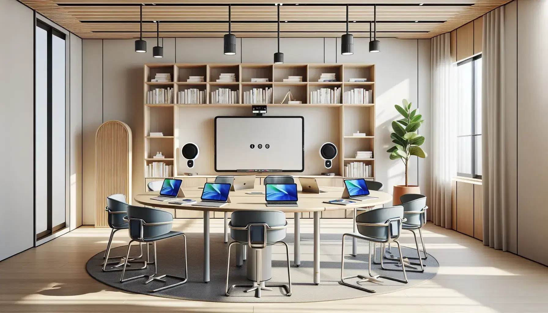 Aula moderna y luminosa con mesa redonda, sillas ergonómicas azules, dispositivos electrónicos, pizarra interactiva, estantería con libros y planta verde.