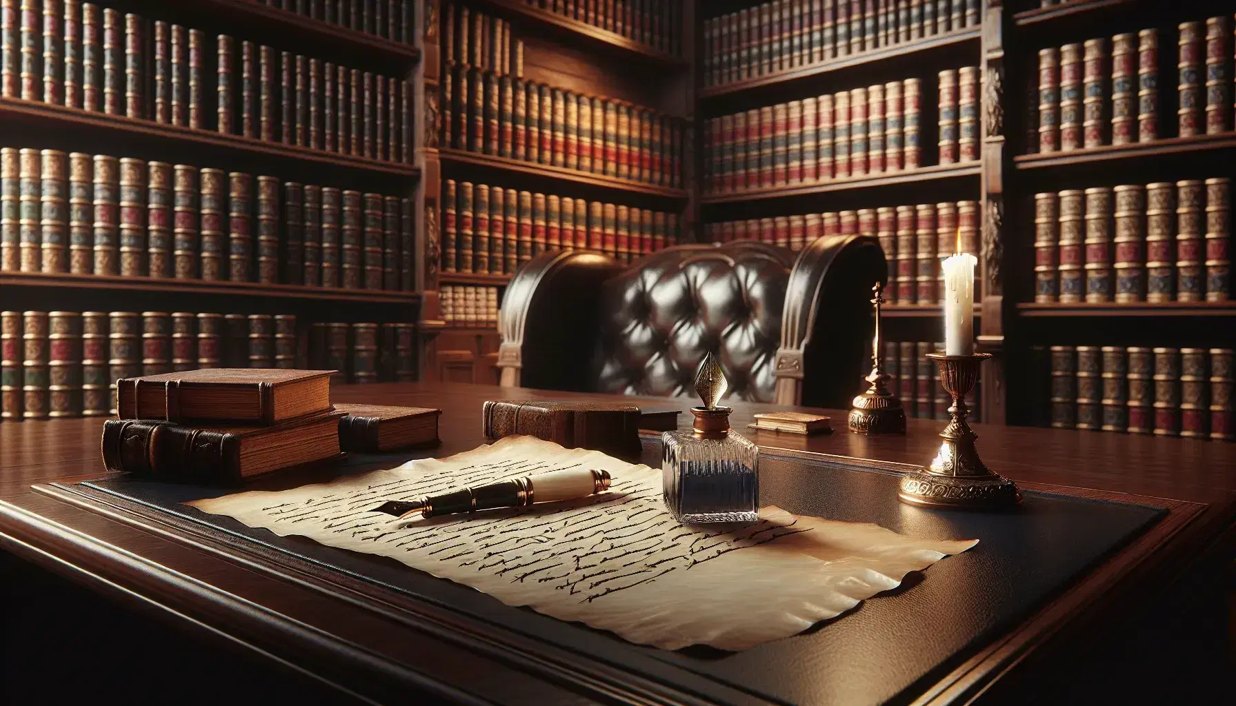 Scena di biblioteca antica con scrivania in legno scuro, penna stilografica d'avorio, calamaio e libri rilegati su scaffali, in atmosfera accogliente.