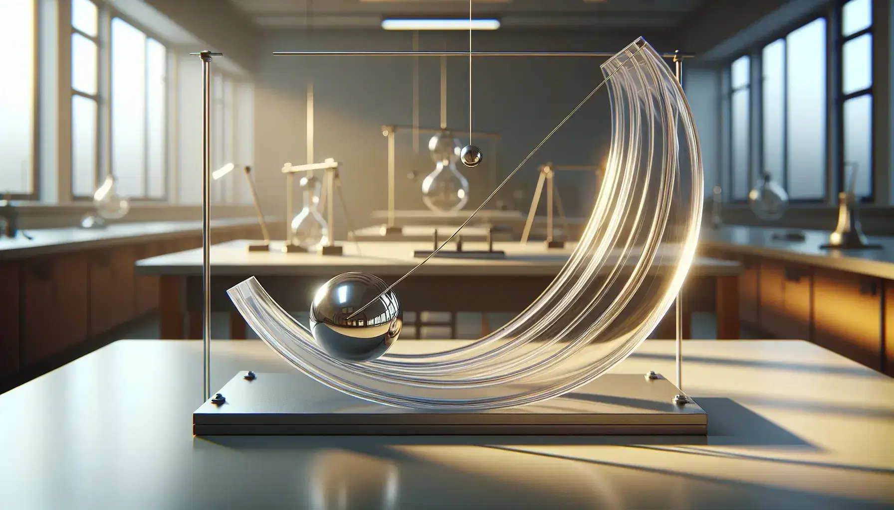Pista semicircolare trasparente con palla metallica in movimento e pendolo fermo in laboratorio di fisica illuminato naturalmente.