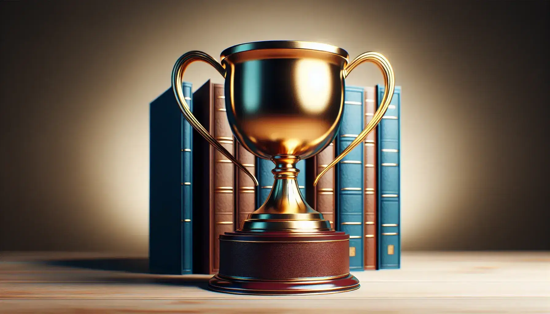 Golden trophy cup with two handles on a wooden surface, highlighted by soft lighting, with a blurred stack of hardcover books in the background.