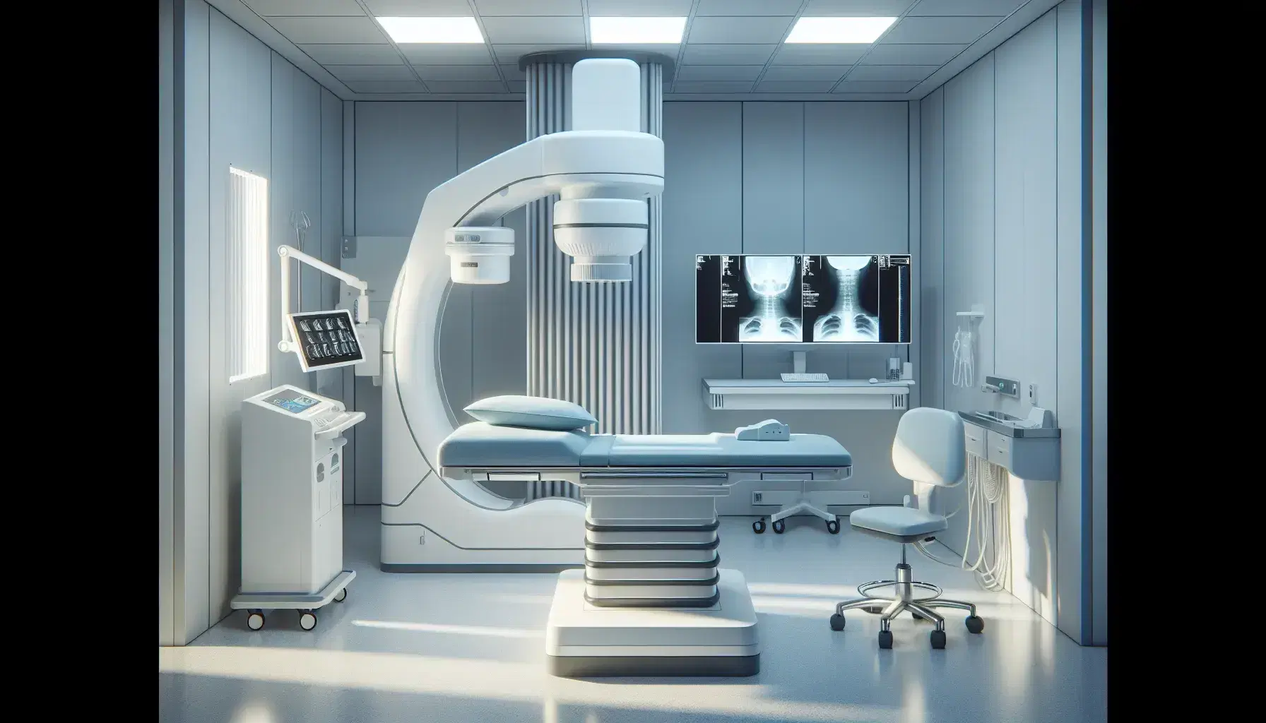 Sala de radiología moderna con cama hospitalaria, almohada cilíndrica azul, máquina de rayos X y monitor mostrando radiografía.
