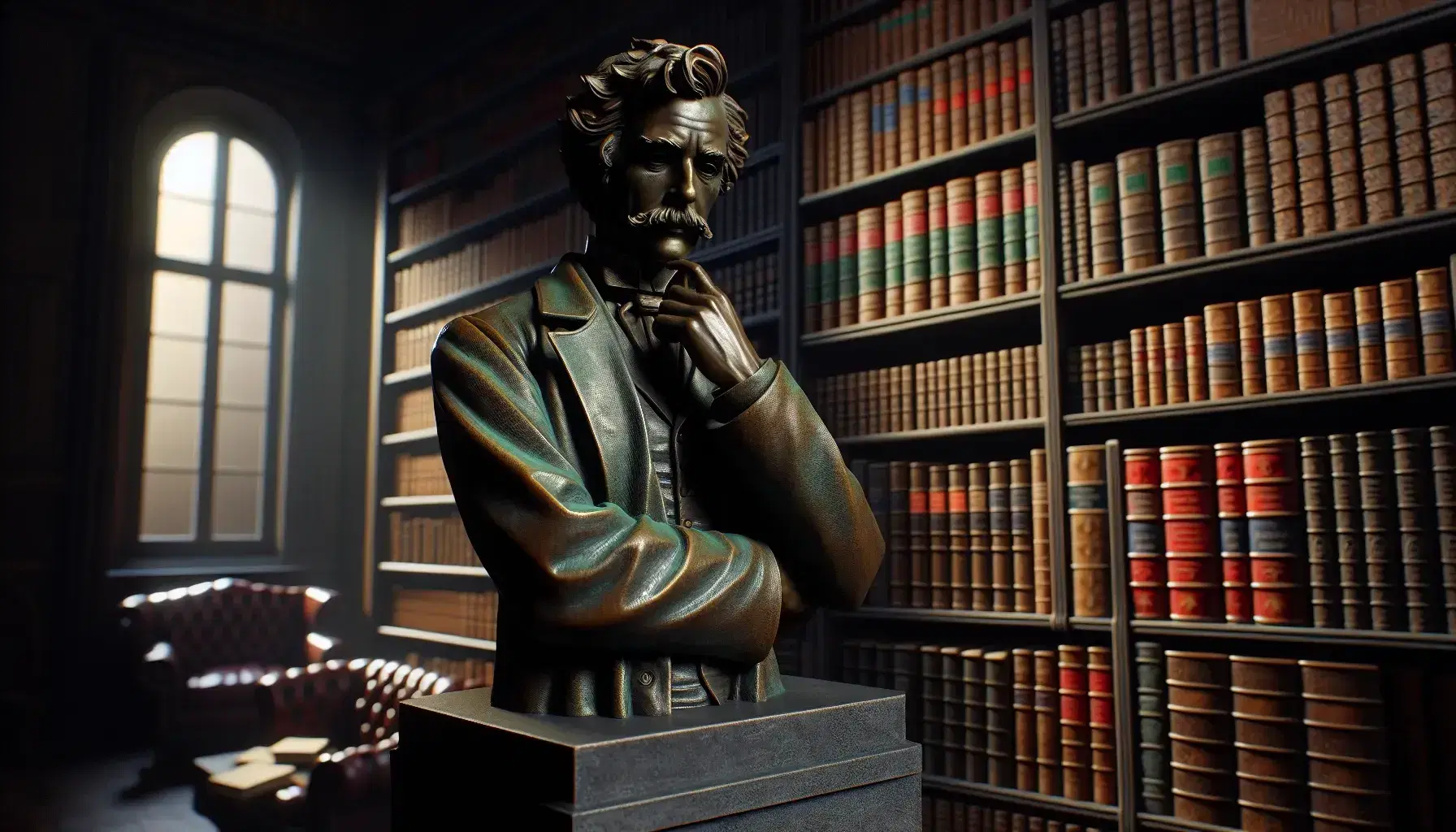 Statua in bronzo di filosofo pensieroso su piedistallo di pietra grigia, con sfondo di scaffali scuri e libri rilegati in biblioteca.